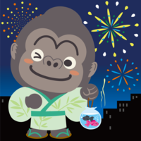An animal where a cute gorilla looks up at the night sky at a fireworks display