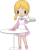 A waitress-style woman in a maid cafe cleans up