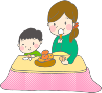 Parents and children eating oranges with a kotatsu-winter