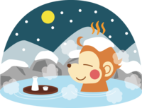 かわいい猿-年賀状-雪景色の温泉