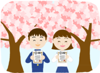 Sakura with a smile on the face of a man and a woman in school uniform holding a certificate of acceptance