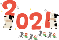 2021を飾る牛の横で2020を片付けるねずみたち-2020子年(ネズミ)～2021-丑年(牛)に年が変わる
