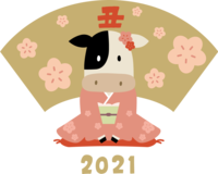 Sit in a fan shape and kimono-Girl's cow-2021-Cute ox year