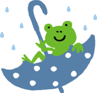 Cute rainy season of a frog relaxing in an umbrella