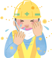 工事作業員の花粉症-イラスト(マスク-くしゃみ-鼻水-目の痒み)