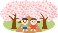 桜並木を男の子と女の子が花見する