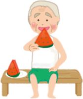 Cute illustration of an old man eating watermelon / Summer vacation
