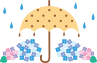 Cute hydrangea and raindrops around an open umbrella