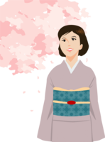 A woman watching cherry blossoms in a kimono walking under a cherry tree