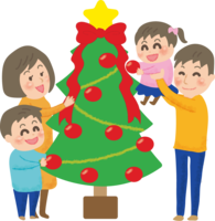 クリスマスツリーに飾り付けをする家族