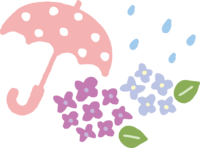 開いた水玉の傘と雨粒とかわいいアジサイ花びら