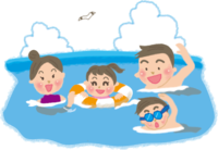 Cute family swimming in the sea against the background of cumulonimbus clouds