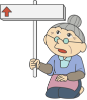 Grandma with a signboard facing up