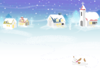 冬の背景イラスト(雪景色で遊ぶ犬と可愛い家)