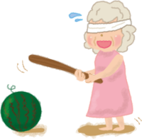 Cute illustration of an old woman splitting watermelon / Summer vacation