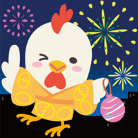 An animal where a chicken looks up at the night sky at a fireworks display