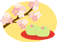 かわいい満開の桜とグリーンの桜まんじゅう(和菓子)