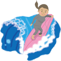 Surfing illustration of a cute female surfer riding a wave / sea