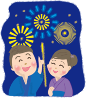 A couple wearing a yukata and watching fireworks