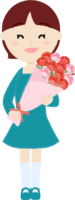 A girl with a carnation with a smile on Mother's Day holds a bouquet