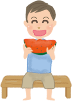 Cute illustration of a man eating watermelon / Summer vacation