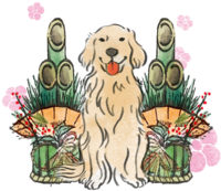 Year of the Dog-Golden-Retriever Japanese Style (Kadomatsu) 2018 Zodiac Illustration-Front Sitting