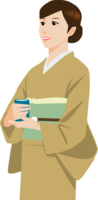 A woman in a kimono looking up diagonally with tea in one hand