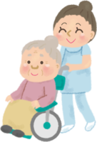 車椅子におばあちゃんが乗り笑顔で看護師が介護するイラスト／高齢者-老人