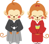 かわいい猿-年賀状-袴と着物の猿夫婦がお辞儀