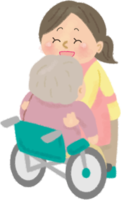 車椅子に座らせようと介護する主婦／高齢者-老人