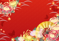 Japanese-style background with large autumn chrysanthemums and autumn leaves dancing