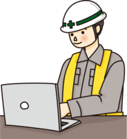 Cute construction workers typing on a computer