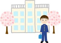 桜を背景に中高学生男の子が進学し入学する