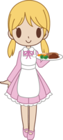 A waitress-style woman in a maid cafe carries food