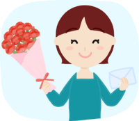 A girl with a smile and a carnation gives a bouquet and a letter on Mother's Day