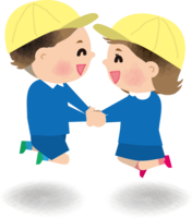 Nursery school where boys and girls hold hands and jump happily