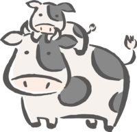 Brush drawing style-Calf riding on a parent cow-Cute 2021-Ox year