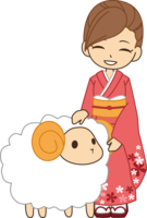A woman in a kimono stroking a sheep