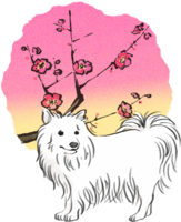 Year of the dog-Japanese Spitz Japanese style (plum) 2018 Zodiac illustration-sideways