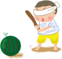 Cute illustration of a boy splitting watermelon / Summer vacation