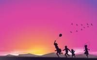 Children play happily against the background of the sunset-background