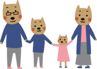 手をつなぐ親子のかわいい犬たち