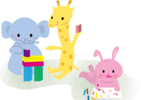 色んな動物の子供達が室内でお絵かきや積み木遊びをする保育園