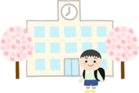 Elementary school boy goes on to school against the background of cherry blossoms