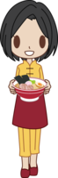 A woman at a Chinese restaurant (ramen shop) carries ramen