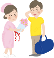 Nurse and man leaving the hospital / Hospital