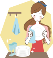 Housewife wiping dishes in the kitchen-female