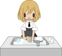 Family-less waitress-style woman washes dishes