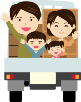 从卡车行李架上挥手的家人