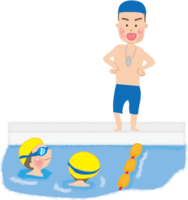 Cute coach (teacher) teaching swimming in the pool